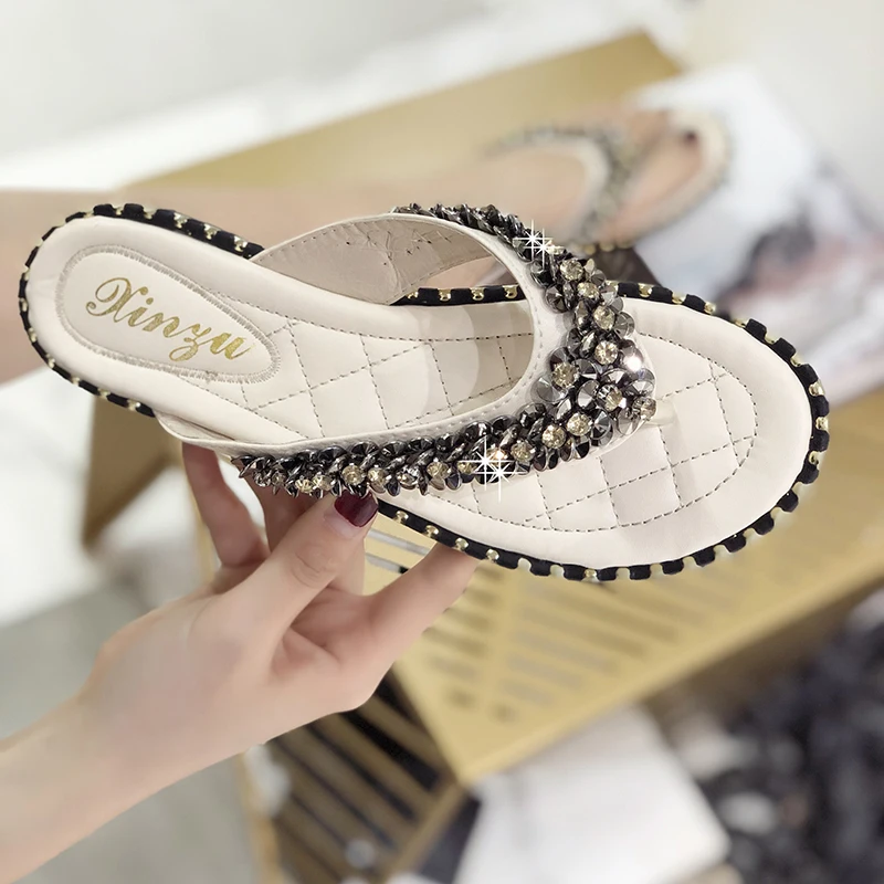 Plus Size 43 Sexy Rhinestone Slippers Woman Pinch Slides Flip Flops Womens 2020 Summer Shoes Leather Sandals Girls | Обувь