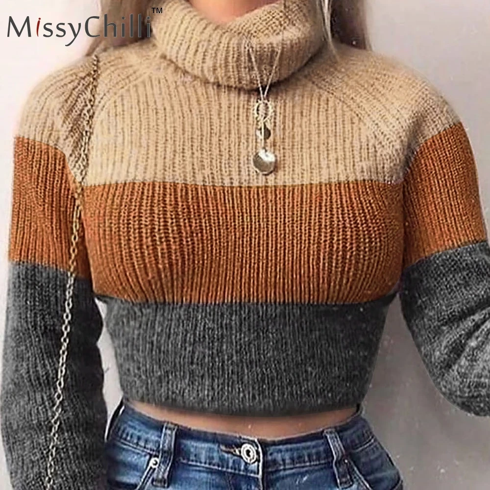 MissyChilli вязаный пуловер с высоким воротником в полоску с длинным рукавом и высоким воротником, женский свитер на осень и зиму, модный свитер в уличном стиле