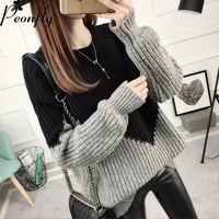 peonfly fashion 2019 hit color patchwork autumn winter women sweater o neck knitted jumper top loose casual warm femme sweater