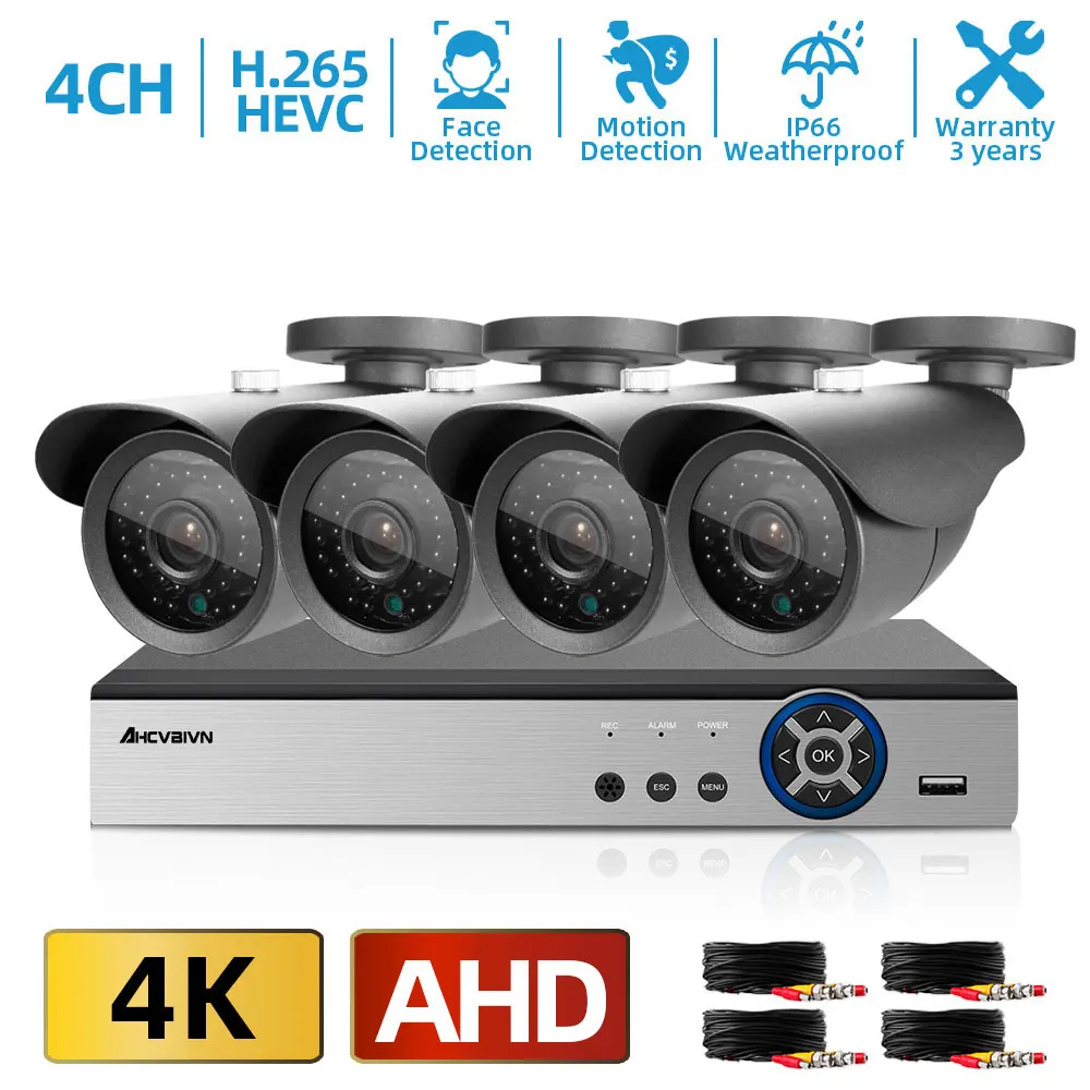 AHCVBIVN H.265 4K CCTV Камера Системы 4CH DVR 4*8 Мп Распознавание лиц 6 в 1 видеорегистратор