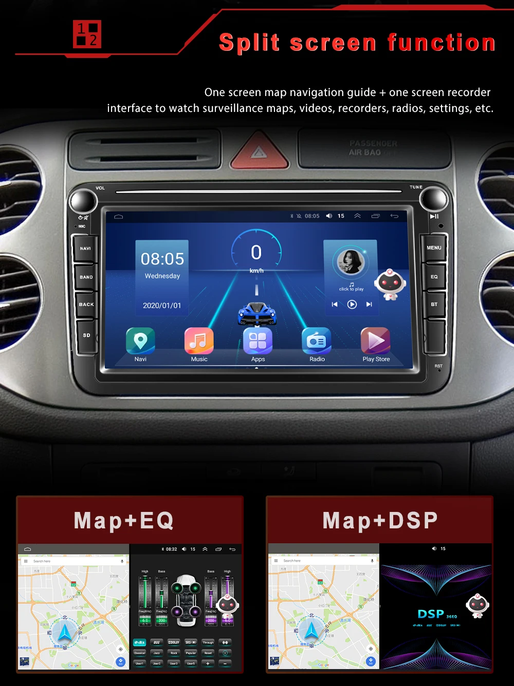 Podofo Android 10.0 Car Radio Stereo 8'' 8+128G DSP Screen 8core GPS Multimedia Player CarPlayer For VW/Volkswagen/Golf/Passat |