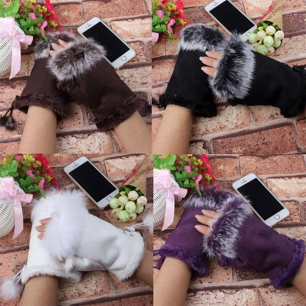 Женские теплые зимние перчатки с искусственным кроличьим мехом без пальцев