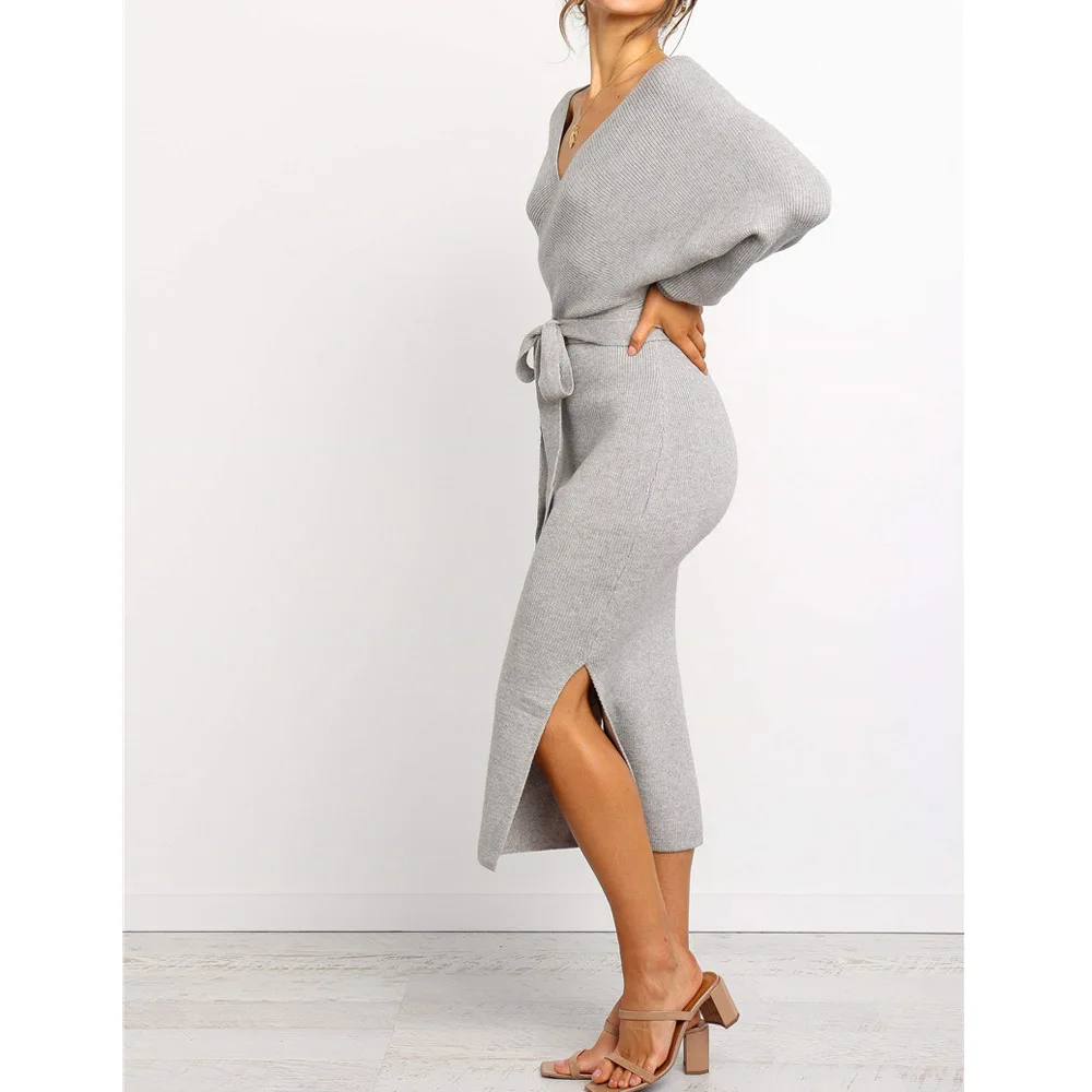 Женское вязаное платье с V образным вырезом однотонное на шнуровке длинным