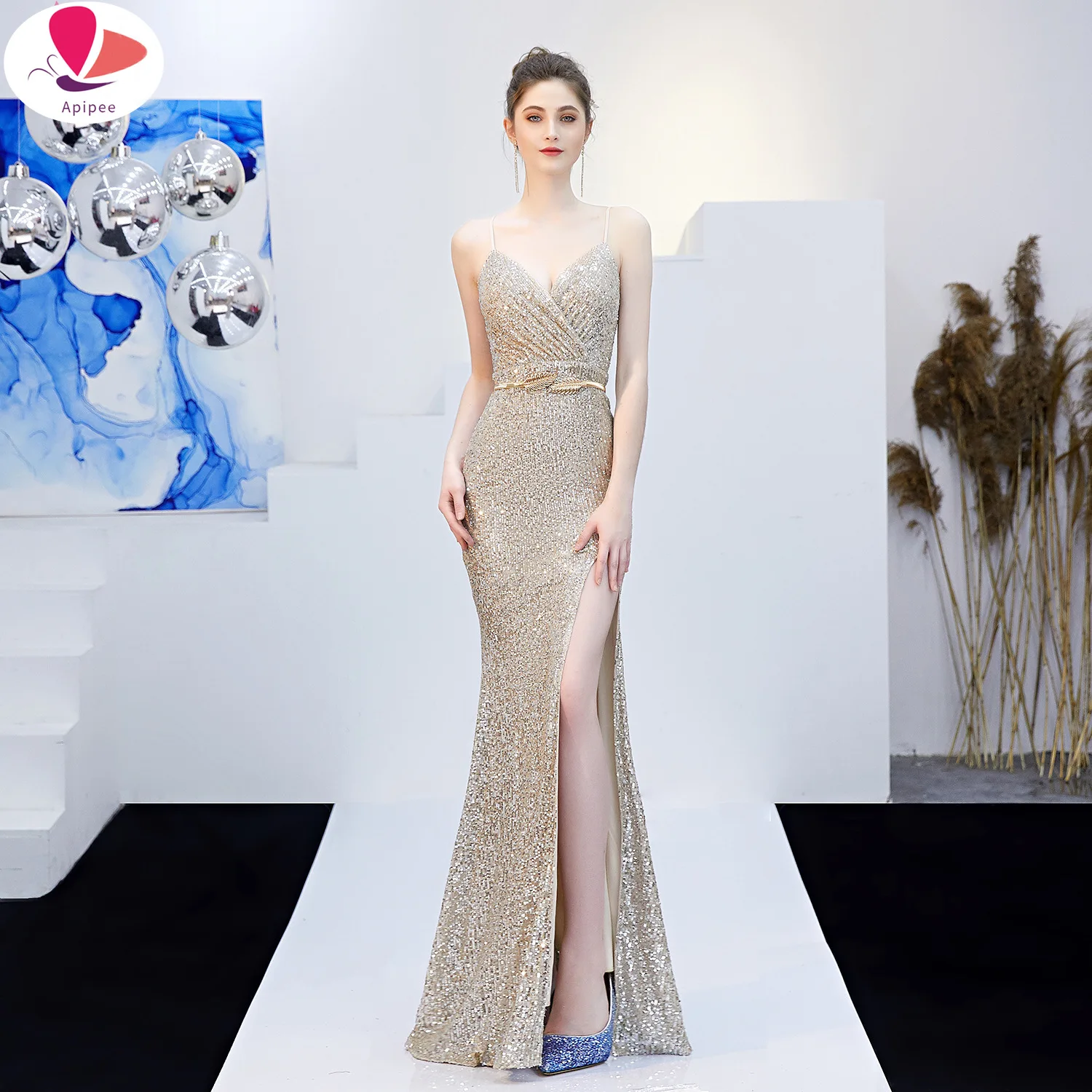 

Women Sexy V Neck Spaghetti Strap Dress Backless High Split Maxi Dress Summer Evening Party Dress Vestido