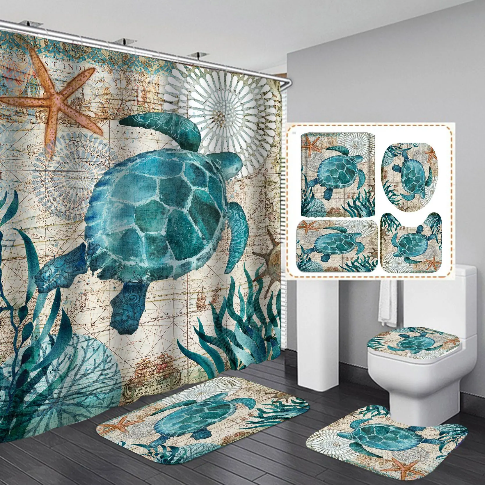 

Ocean Beach Shell Sea Turtle Elephant Shower Curtain 3D Waterproof Curtains Bathroom Pedestal Rug Lid Toilet Cover Bath Mat Set