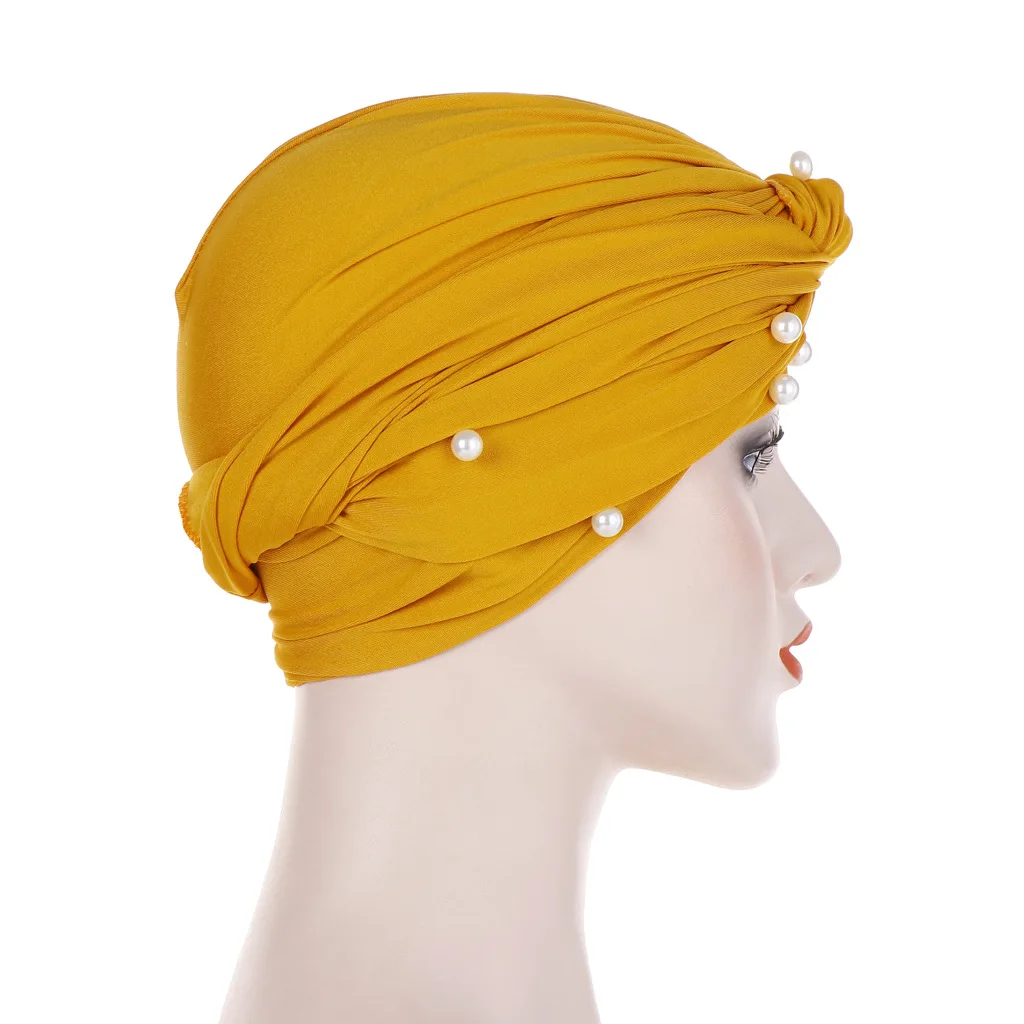 

2021 spring fashion new all-match turban cap Baotou cap Muslim high-end pearl turban cap White pearl Baotou cap Hijab