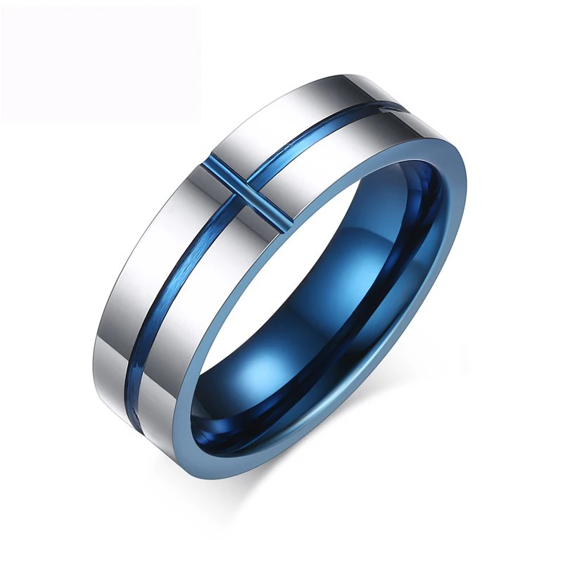 

Luxury 6MM Crucifix Rings Accessories Top Grade Tungsten Steel Jewel Cross Blue Ring Male Fashion Jewelry Party Gifts Men