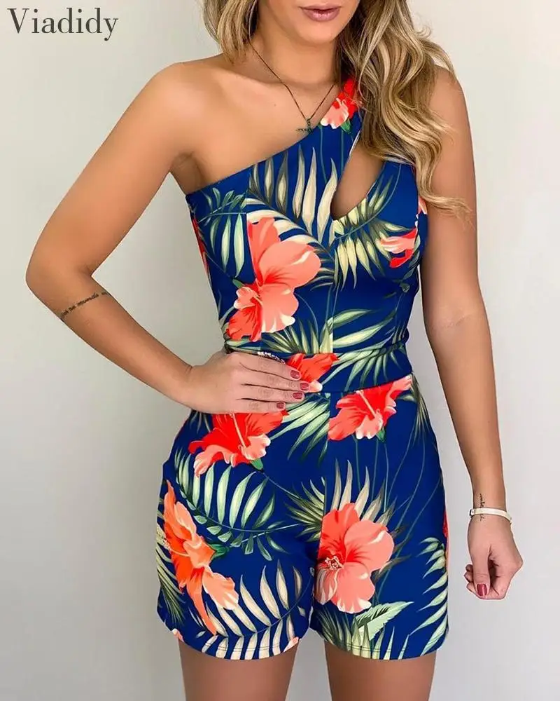 

Sexy Print One Shoulder Bodycon Playsuits Women Summer Hollow Out Single Shoulder Casual Rompers