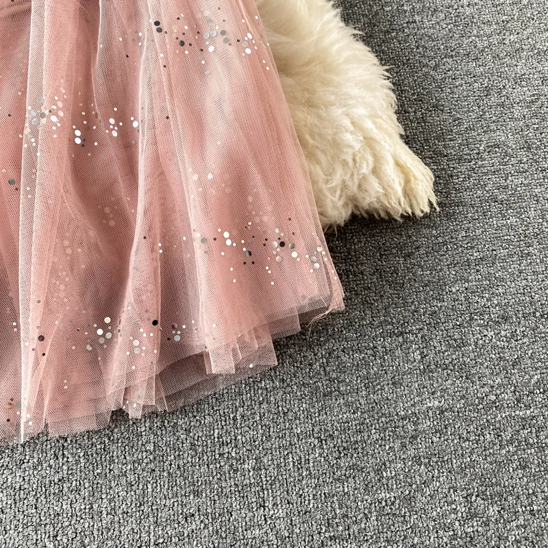 

2021 Women Mesh Dress Shiny Sequins Applique Gauze Dresses Flare Sleeve Princess Female Elegant Long Sleeves Puff Dresses