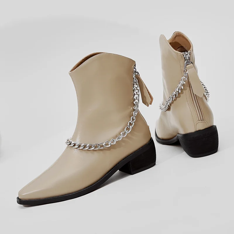 

Woman Ankle Boots 2021 Autumn Winter Women Shoes Fashion Pointed Toe Chain Women's Boots Thick Heels Elegant Office Ladies Shoes