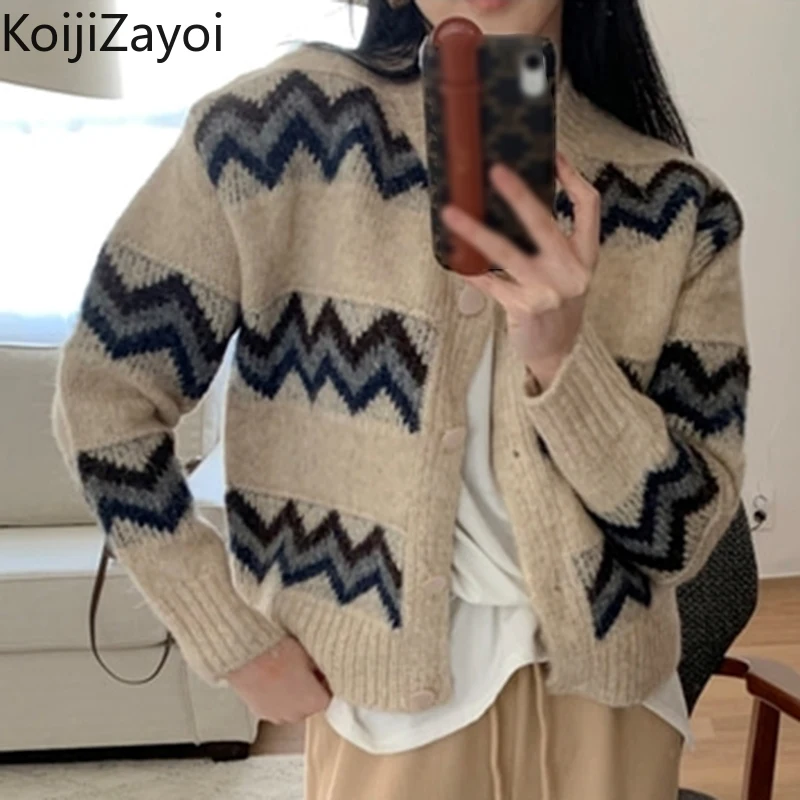 

Koijizayoi Vintage Women Striped Cardigan Casual Loose Thick Warm Winter Kardigan Lady Cropped Sweater Cardigans Dropshipping