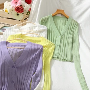 Осень 2020 Обрезанные кардиганы Женский вязаный укороченный свитер Топ белый черный сексуальный свитер милый вязаный свитер винтажный корейский 225