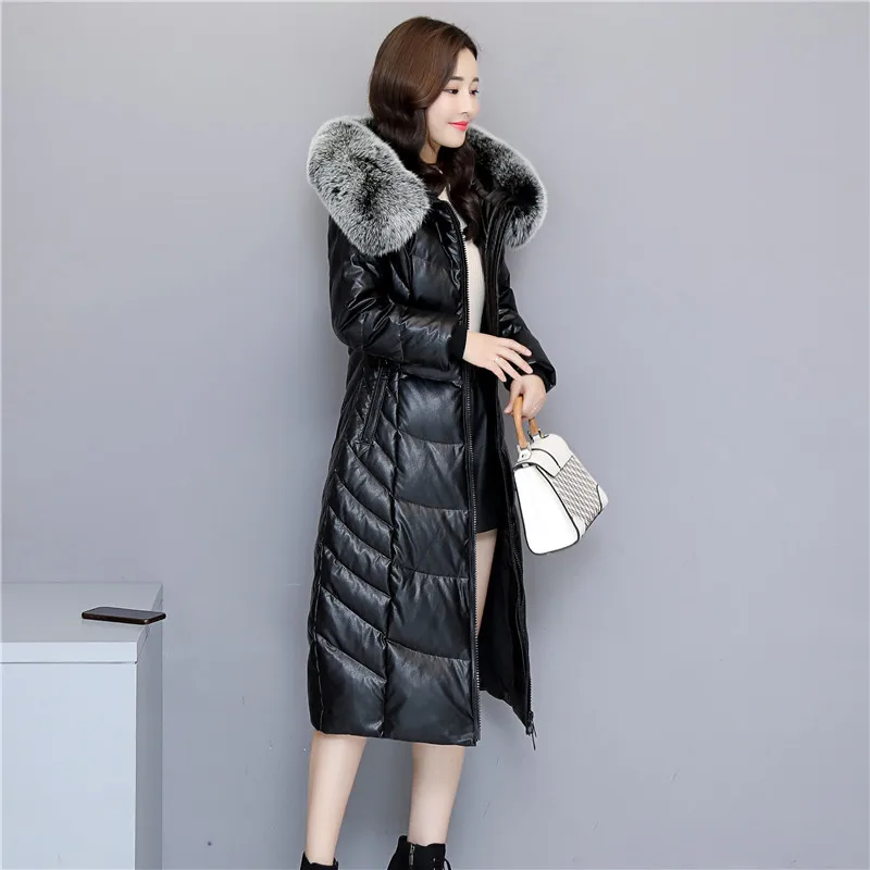 Leather Women's Genuine New Winter 90% White Duck Down Fox Fur Collar Jacket Women Long Coat Plus size 5XL