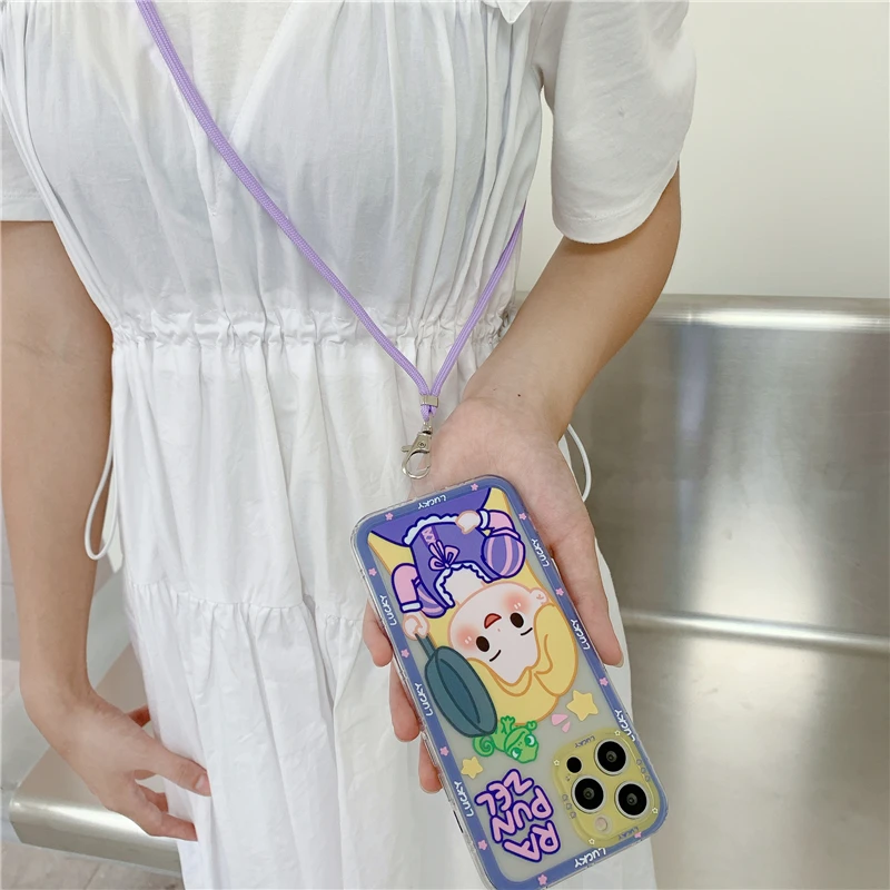 

Cute Cartoon Princess Color Lanyard Phone Case For iPhone 12 Pro Max 11 Pro Max X Xs Max Xr 7 8 Plus Cases Soft TPU Cover