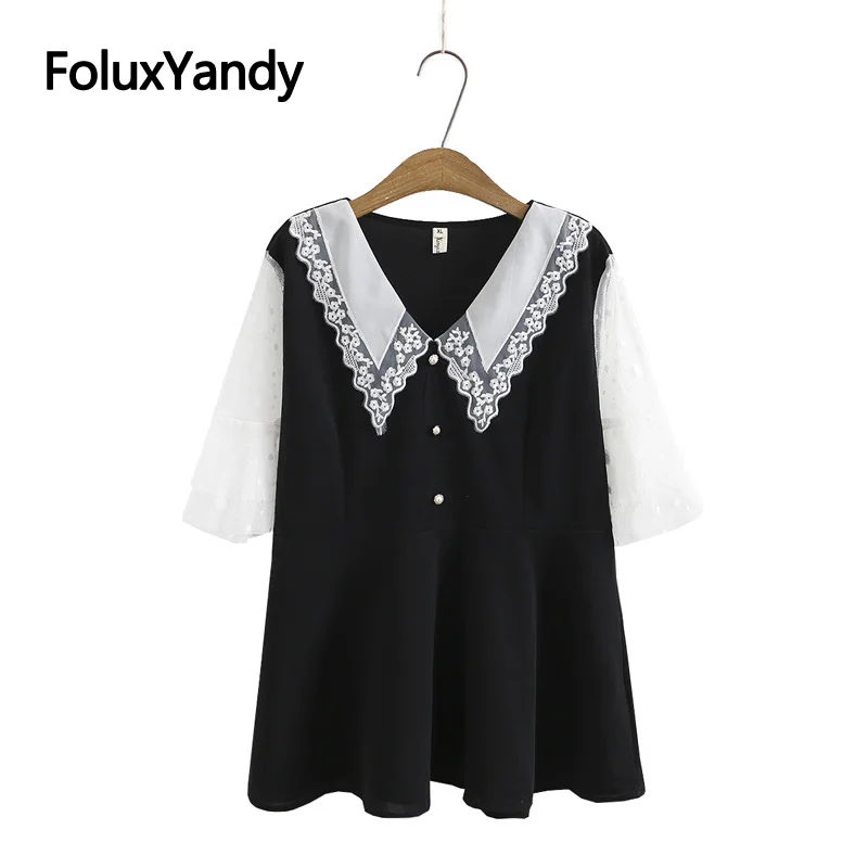 

Lace Peter Pan Collar Summer Blouse Women Plus Size 3 4 5 XL Fashion Short Sleeve Blouse Black Camisas Mujer KKFY5496