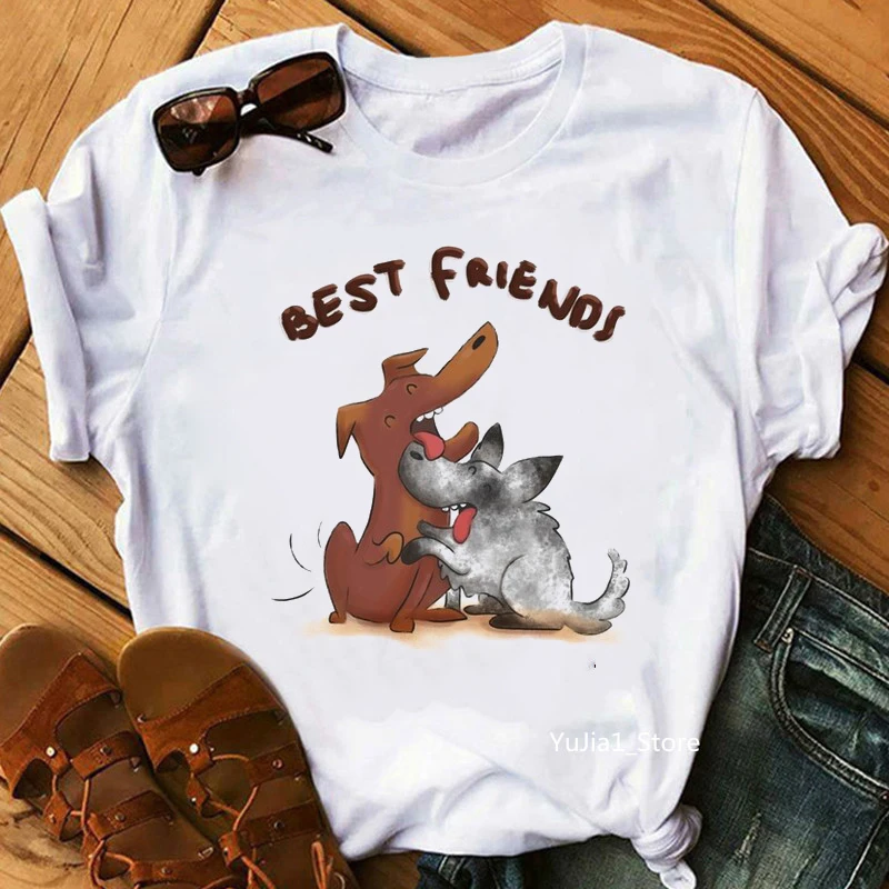 

Best Friend Love Graphic Print Tshirts Women Summer Fashion Funny Dog And Dinosaur T Shirt Femme Harajuku Kawaii Clothes Tops