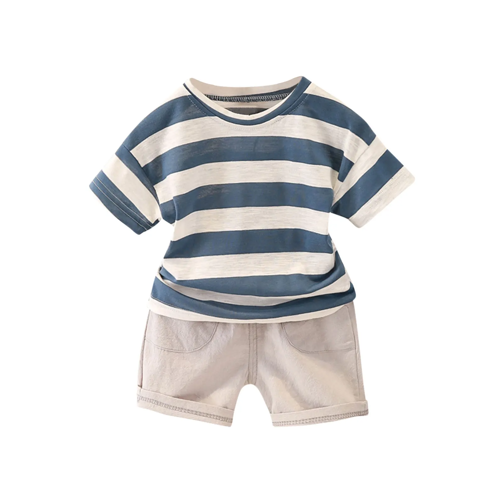 

OPPERIAYA Little Baby Boys Short-sleeve Tops Shorts Set Fresh Striped Round Neck T-shirts and pocket Solid Color Short Pants