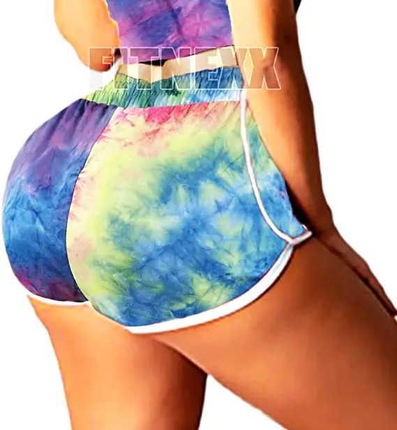 

2020 Womens Sports Two Piece Suit Fashion Tie-dye Round Neck Vest Top and High Waist Drawstring Shorts