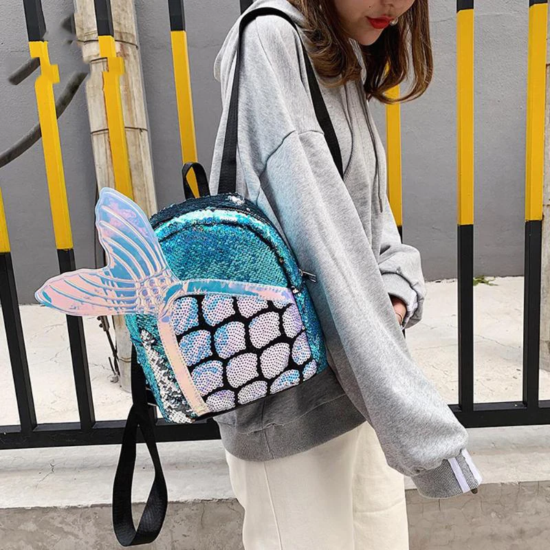 Женский рюкзак Русалочки с блестками для девочек милый школьный на молнии рыбьим