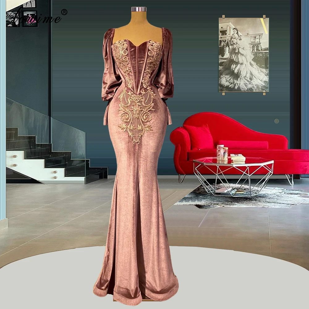 

Robe De Soiree Brown Velvet Mermaid Evening Dresses Long Sleeves Formal Evening Gowns With Gold Beads Dubai Plus Size Prom Dress