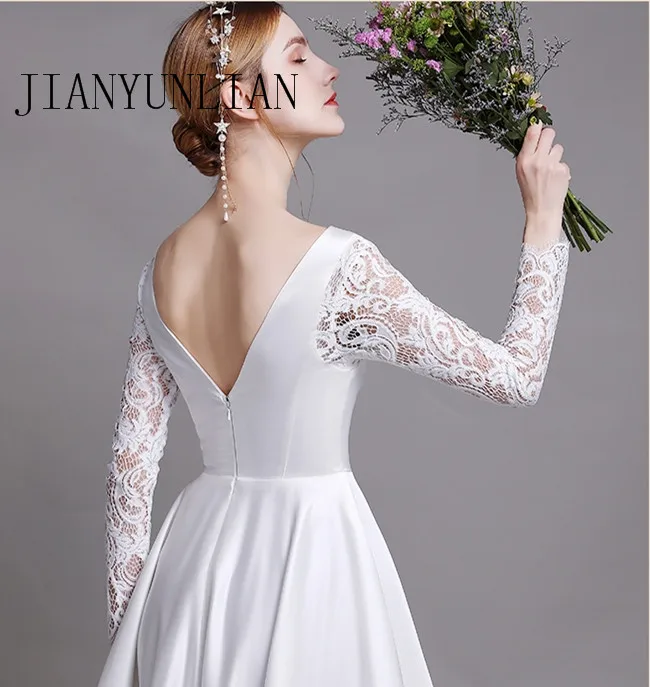 Элегантные атласные свадебные платья с карманами кружевные длинным рукавом