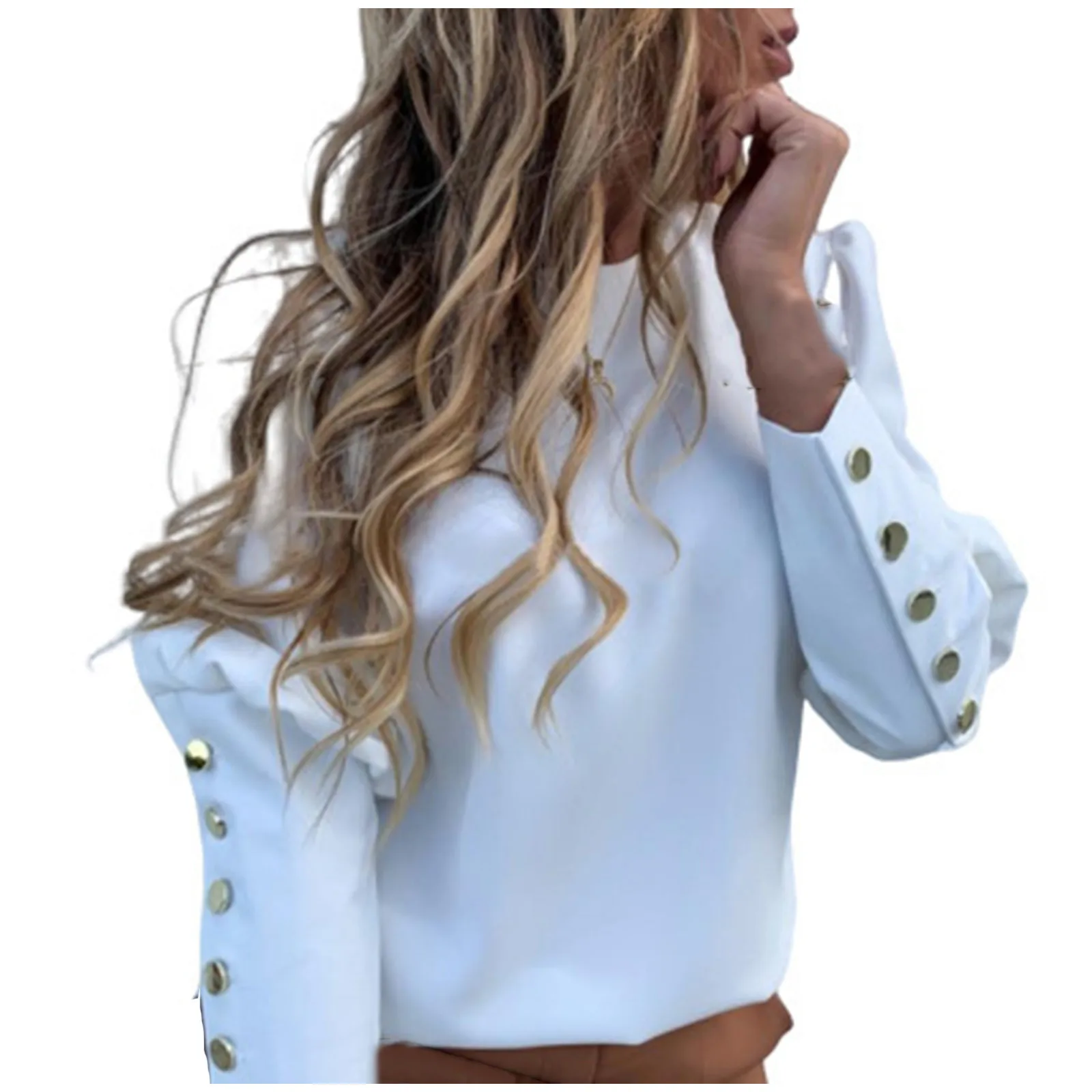 Fashion Casual Women O-Neck Solid Color Single-breasted Long Leeve Tops Blouse las mujeres sweetshirts free shipping