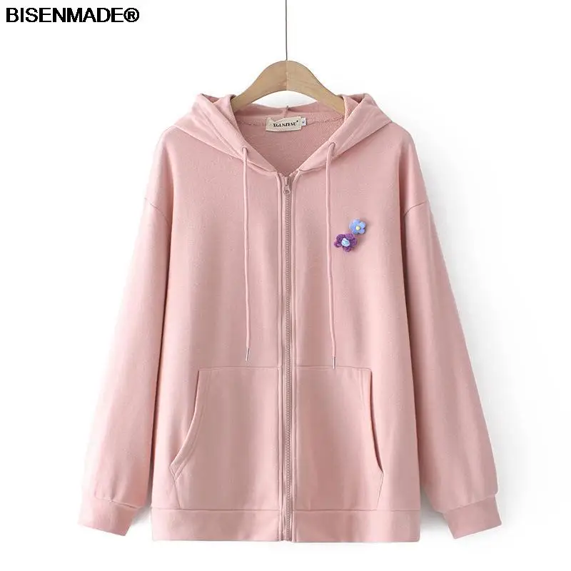 

Autumn Winter Women Sweatshirts Plus Size&Curve Clothes 2021 Hoodies New Casual Hooded 3D Flowers Zipper Terry Cloth Sweet Tops