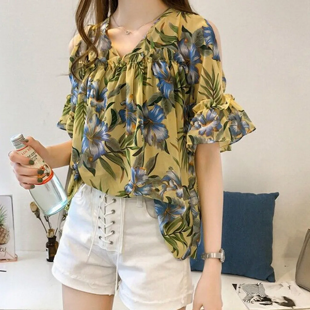 Женская блузка с оборками коротким рукавом и открытыми плечами|Блузки| |