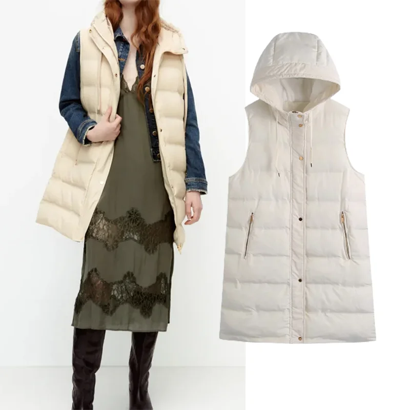 

Женский длинный пуховик с капюшоном Za, винтажная хлопковая парка без рукавов, повседневный жилет, Осень-зима 2021