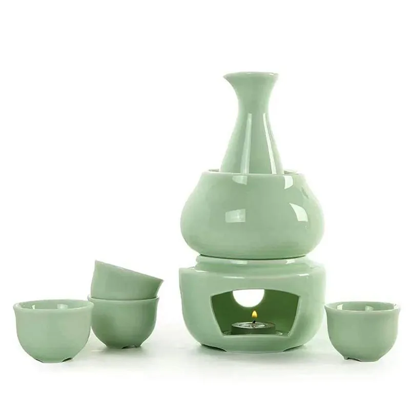 Juego de Sake de cer&aacute;mica con calentador, incluye 1 botella de Sake, 4 tazas de Sake, 1 taza m&aacute;s caliente, 1 vela, estufa de calefacci&oacute;n-1