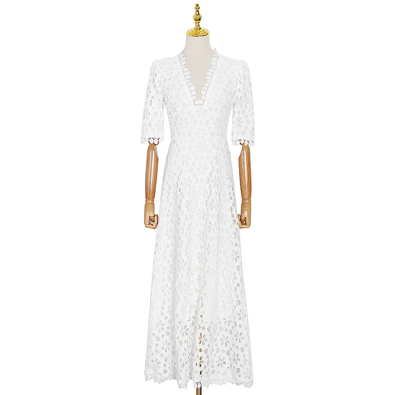 White Lace Long Dress 2021 Summer High Quality Clothing Women V-Neck Allover Hollow Out Embroidery Short Sleeve Long Maxi Dress