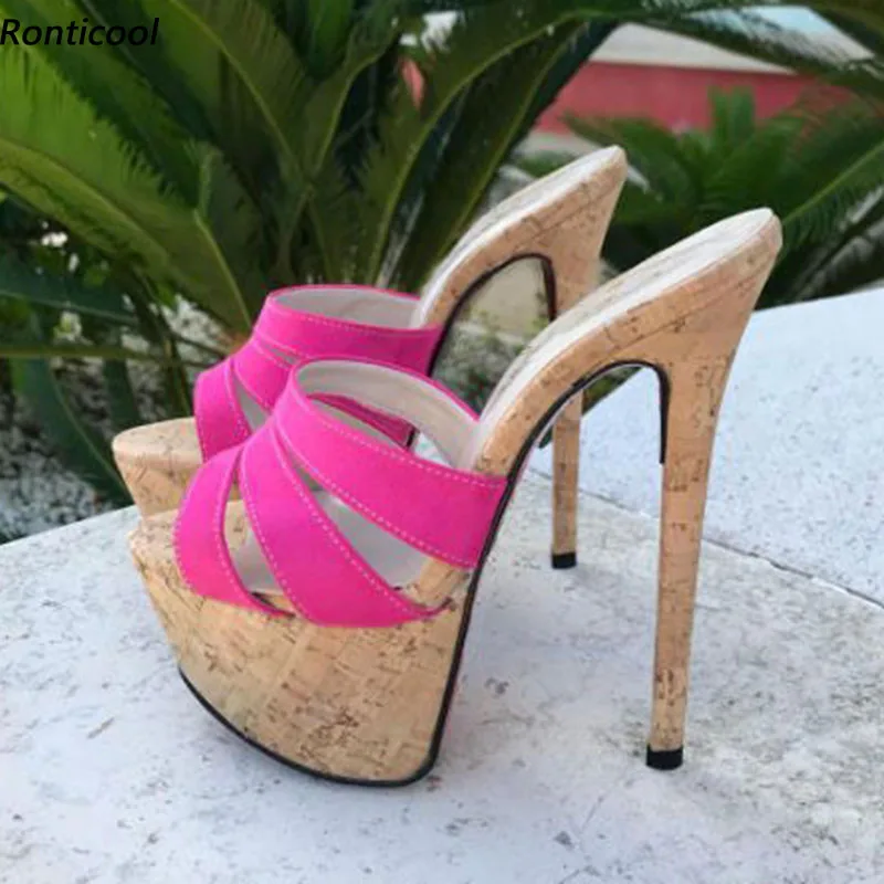 

Ronticool New Arrival Women Platform Mules Sandals Suede Sexy Stiletto Heel Open Toe Pretty Pink Party Shoes Ladies US Size 5-20