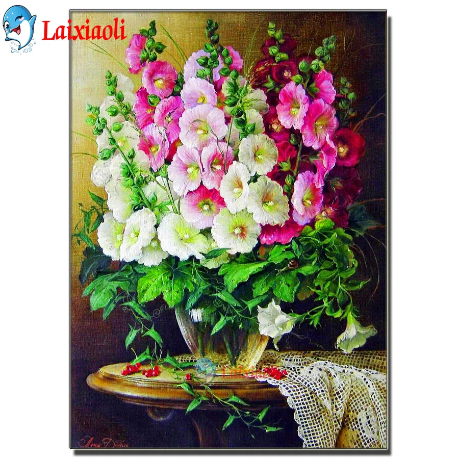 

Mallow flower picture 5D DIY round diamond painting vase flower cross stitch diamond embroidery mosaic diamond home decoration
