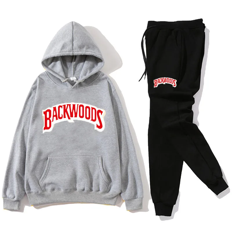 Мужской флисовый костюм с капюшоном и принтом на спине|Мужские спортивные