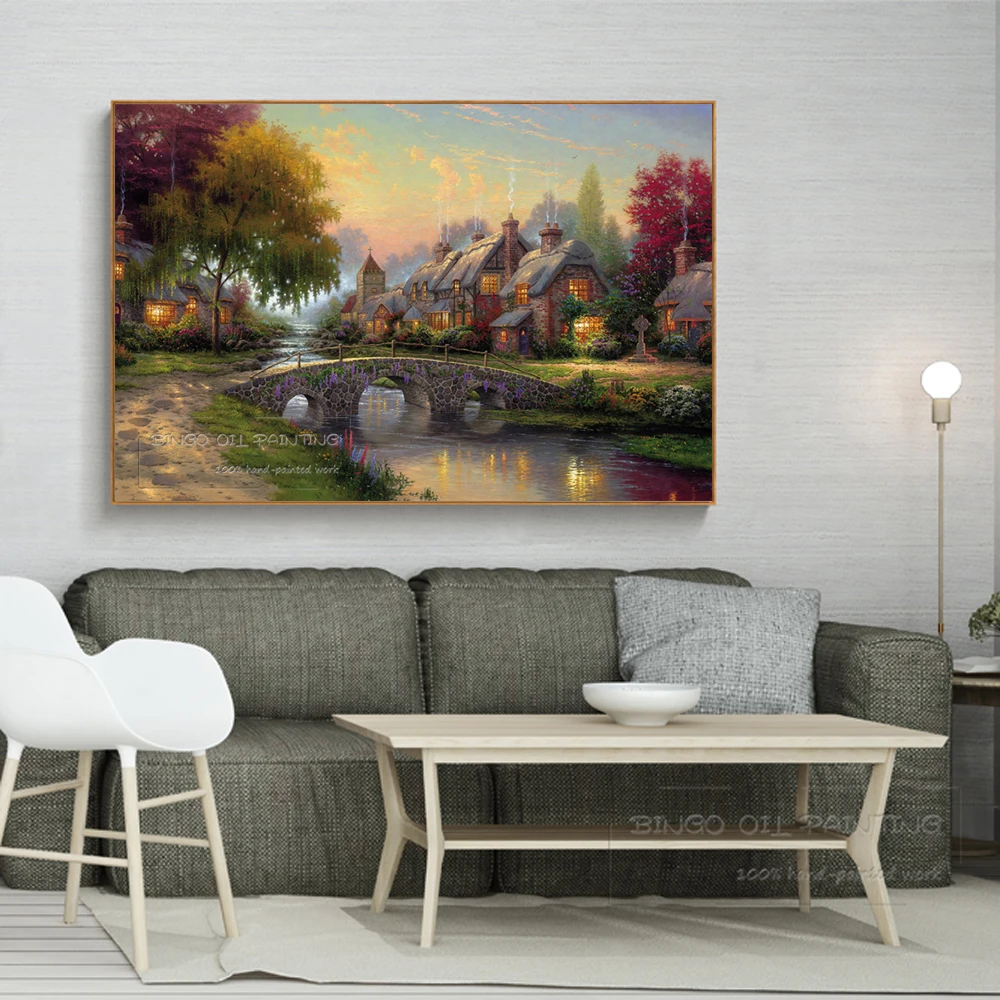 Beste Top Kunstenaar Hand Geschilderd Hoge Kwaliteit Canvas Wall Art Geplaveide Brug Zomer Cottage Olieverfschilderij Prachtige Landschap Schilderen