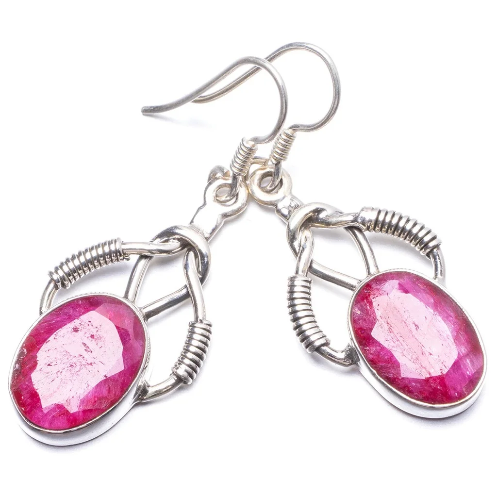 

Natural Cherry Ruby Handmade Unique 925 Sterling Silver Earrings 1 3/4" Y2374