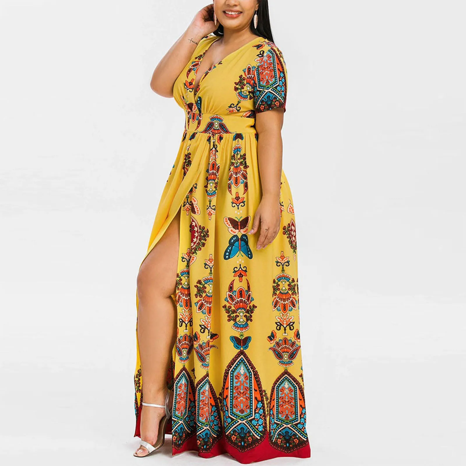 

Plus Size Fashion Women Dress Butterfly Printed V-neck Short Sleeve Casual Long Dress Woman Party Night Vestidos