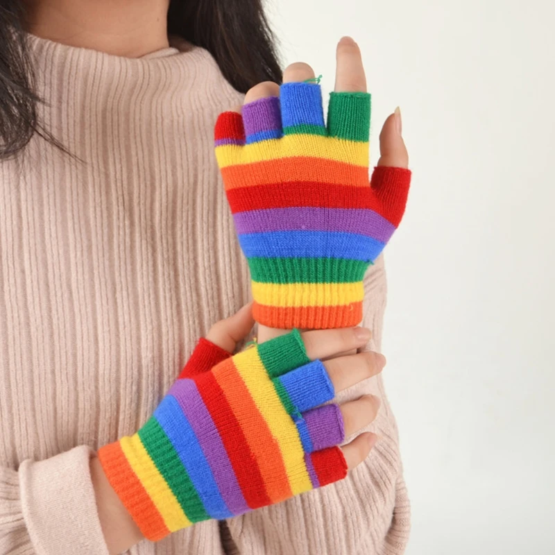 

Kids Winter Knitted Full Half Finger Gloves Rainbow Colorful Striped Boys Girls Harajuku Outdoor Windproof Mittens 5-15T