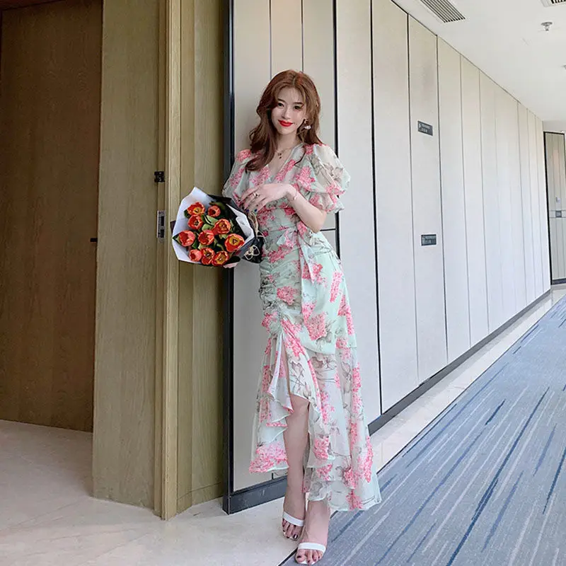 

2021 Summer Women Ruffled Short-sleeved Chiffon Dress V-neck High Waist Floral Printed Beach Long Dresses Sexy Vestidos Y812