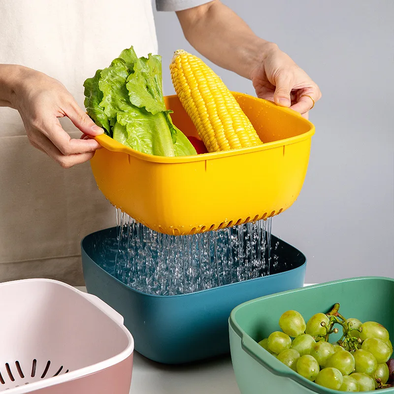 

Kitchen Drain Basket Plastic Fruit Filter Double Storage Basket Bowl Drainer Vegetable Cleaning Kitchen gadget Tools Accessories