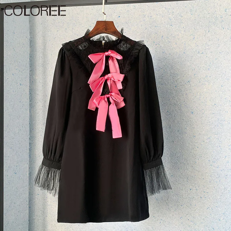 

Korean Fashion Bow Mesh Patchwork Woman Dress 2023 Runway Designers Elegant Long Sleeve Mini Vestido De Mujer