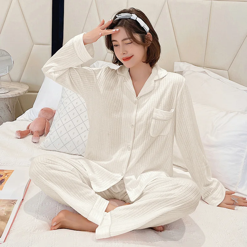 

Pajamas for Women Sleepwear Spring New Simple Solid Color Long Sleeve Cardigan Two Piece Set Pajamas Loungewear