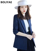 boliyae autumn and winter women blazer fashion high quality blue suit coat female sequins long sleeve jacket outerwear chic tops