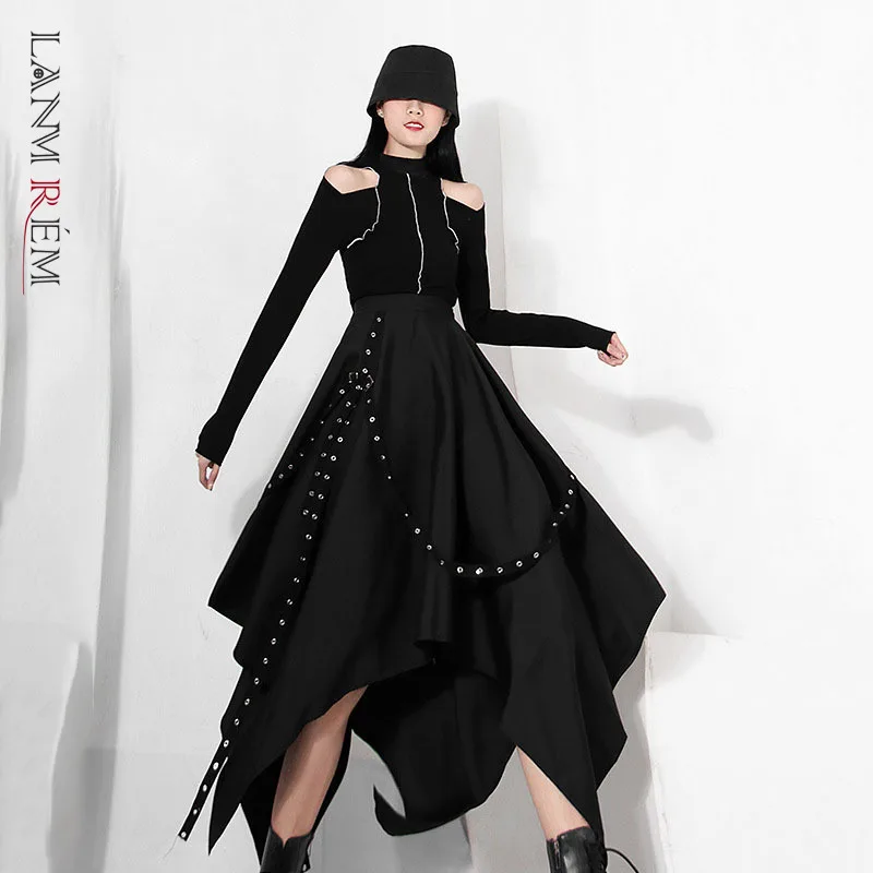 

LANMREM Black Skirt For Women Irregular High Waist Punk Style Medium Length Fashion Streetwear Skirts 2022 Spring 2C2297
