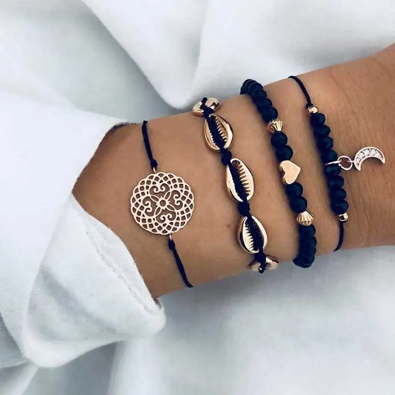

5Pcs Shell Black Beaded Braided Bracelet Set Hollow Carved Bracelet Love Crescent Women Bracelet On Hand Jewelry 2021
