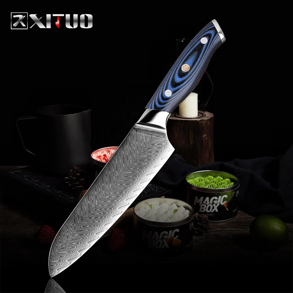Santoku Knife XITUO кухонный поварской нож дамасская сталь профессиональный Япония Sankotu Кливер Boning Gyuto кухонные инструменты деликатная Слива заклепочная рукоять - Цвет: Santoku Knife