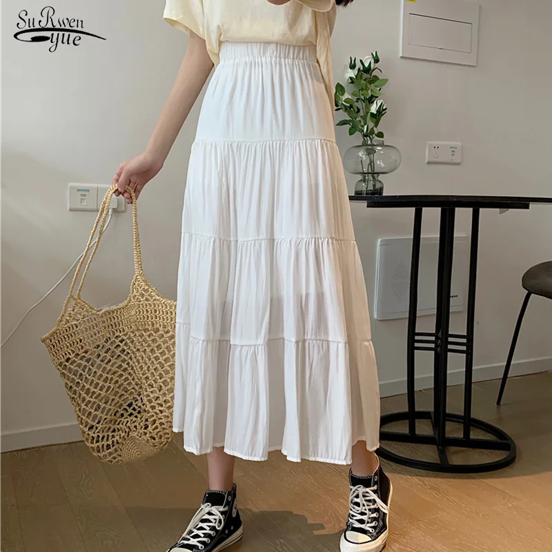 

Vintage White Black Chic Long Cake A-line Skirt for Student Autumn New High Waist Elastic Patchwork Women Chiffon Skirts 17084