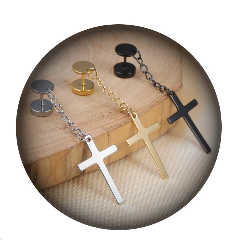 

SexeMara 1 Piece Punk Gothic Stainless Steel Stud Earring Cross Round Fake Ear Taper Dumbbell Fashion Women Men Rock Jewelry