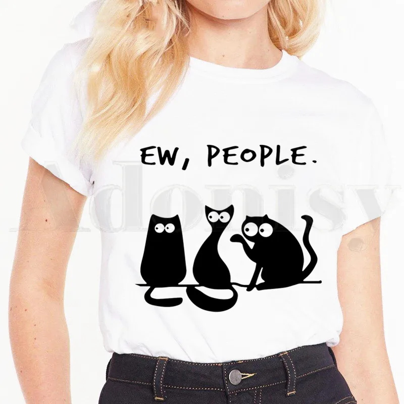 

Ew People Cat Short Sleeve Female Tops Tees Harajuku Vogue VintageT Shirts Women's T-shirt