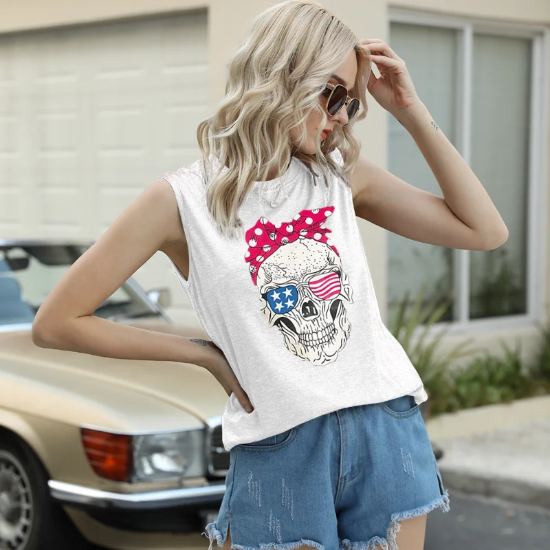 

European/American style T-shirt ladies cute and fun graphic print T-shirt casual short-sleeved vest Black sleeveless vest women